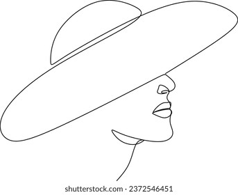 Abstract linear woman in hat. Minimal portrait. Head fashionable accessory. One line continuous. Beauty and glamour concept. Cap headgears for lady. Hand drawn vector illustration.