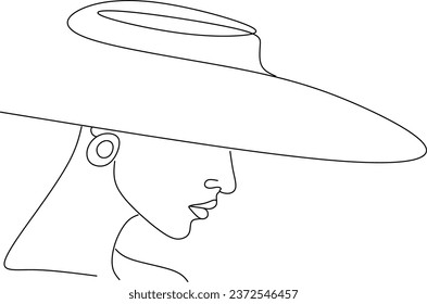 Abstract linear woman in hat. Minimal portrait. Head fashionable accessory. One line continuous. Beauty and glamour concept. Cap headgears for lady. Hand drawn vector illustration.