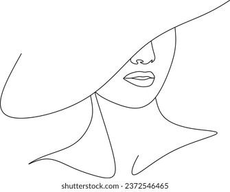 Abstracta mujer lineal en el sombrero. Retrato mínimo. Cabeza de accesorio de moda. Una línea continua. La belleza y el concepto de glamour. Cabeceras de gorra para dama. Ilustración vectorial dibujada a mano.