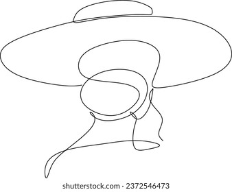 Abstract linear woman in hat. Minimal portrait. Head fashionable accessory. One line continuous. Beauty and glamour concept. Cap headgears for lady. Hand drawn vector illustration.