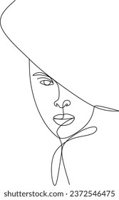 Abstract linear woman in hat. Minimal portrait. Head fashionable accessory. One line continuous. Beauty and glamour concept. Cap headgears for lady. Hand drawn vector illustration.