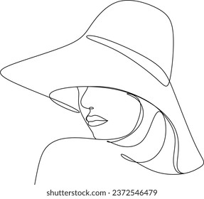 Abstract linear woman in hat. Minimal portrait. Head fashionable accessory. One line continuous. Beauty and glamour concept. Cap headgears for lady. Hand drawn vector illustration.