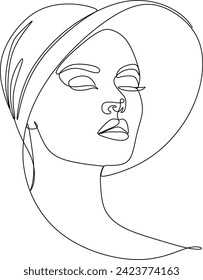 Abstract linear woman in hat. Minimal portrait. Head fashionable accessory. One line continuous. Beauty and glamour concept. Cap headgears for lady. Hand drawn vector illustration.