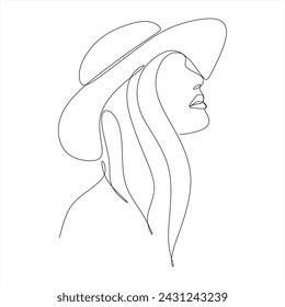 Mujer lineal abstracta en sombrero. Retrato mínimo.  Elemento vectorial dibujado a mano para banner de tienda de moda, logotipo, volante, diseño web, publicidad. Retrato minimalista de mujer con abstracto