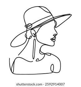 Abstract linear woman in hat. Minimal portrait. Head fashionable accessory. One line continuous. Hand drawn vector illustration