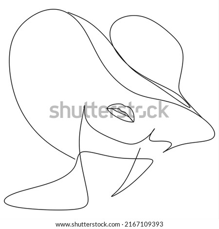 Abstract linear woman in hat. Minimal portrait. Head fashionable accessory. One line continuous. Beauty and glamour concept. Cap headgears for lady. Hand drawn vector illustration.