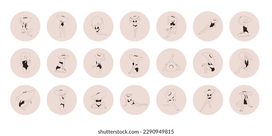 Abstract linear woman in hat. Set of highlight covers for social media. Vector Illustration of elegant woman bodies in a trendy linear style. Beauty logo for travel blog or tour agency.