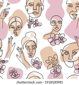 Abstract linear woman portrait seamless pattern. Female face one line drawing on minimal shapes and curved lines background. Women portraits with cerry blossom illustration for fashion design.
