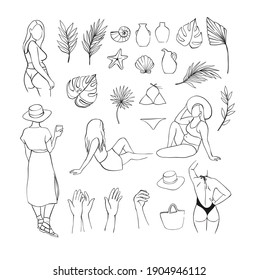 Abstract linear woman vector figures. Contemporary art. Beauty fashion female bodies in modern style. Body positive. Tropical palm leaves, swimwear, ceramics. Perfect for print, poster, social media