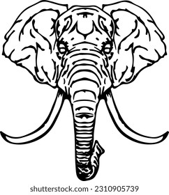 Abstract lineart of an elephant head with big curved ivory tusk, isolated against white. Hand drawn vector illustration.