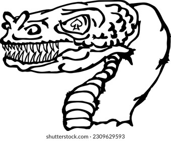 Abstract lineart of a fierce snake head with sharp fangs, isolated against white. Hand drawn vector illustration.