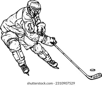 Abstract lineart of an ice hockey player strike a puck, isolated against white. Hand drawn vector illustration.