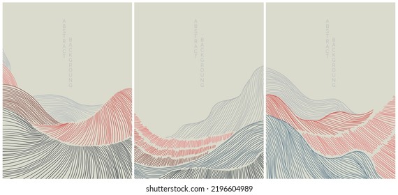 abstract lined asian landscape on light background in red and blue colours, mountains and river