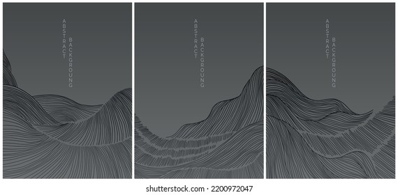 abstract lined asian landscape on light background in blue colours, mountains