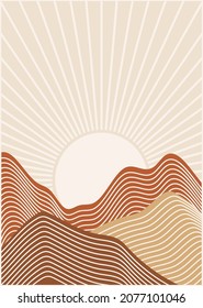 Abstrakter, gesäumter Hintergrund mit Sonnenaufgang. Erdtöne, Terrakotta-Farben. Boho Wanddekor. Moderner minimalistischer Kunstdruck des Mittelalters