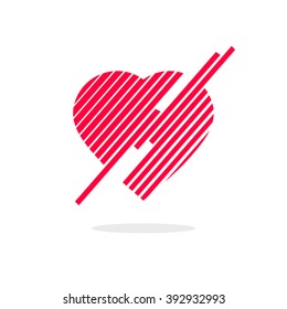 Abstract lined heart with arrow, red striped gradient hear broken, lines across the heart symbol vector illustration design isolated on white background
