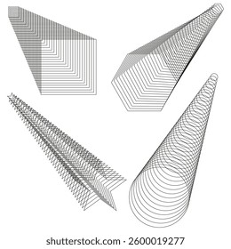 Abstract lined shapes. Black geometric figures. Perspective optical design. Vector futuristic illusion.