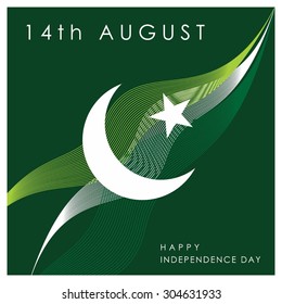 Abstract lines background with moon design elements on green background. Vector 14 August. Pakistan Independence Day. Celebration Card. Illustration
