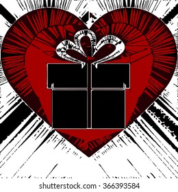 abstract lines background with red hearts illustration and gift box together vector print pattern for fashion and graphic design. t shirt print, screen printing with special day gift print offer.