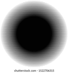 Abstract lines circle. Thick lines halftone circle element. Parallel, straight strips, stripes. Simple, basic geometric black and white circle illustration