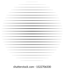 Abstract lines circle. Thin lines halftone circle element. Parallel, straight strips, stripes. Simple, basic geometric black and white circle illustration