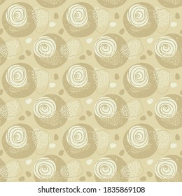 Abstract lines, circles and dots in tan and brown colors, seamless vector pattern.
