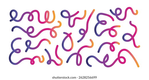 Abstract Lines with Color Gradient. Background with 3D Wave Shape Pattern. Vector Wavy Graphic Design Elements. Rainbow Dynamic Swirl and Squiggle Ribbons in eps 10.