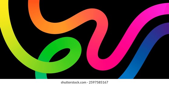 Abstract Lines with Color Gradient. Vector Squiggles Wave Shapes on a Black Background. Geometric Rainbow Ribbon. Dynamic Graphic Design Elements.