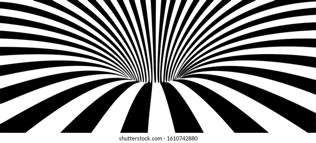 Abstract Lines Design. Black and White Tunnel. Monochrome Hypnotic Stripes. 3D Wavy Optical Illusion Vector Illustration.