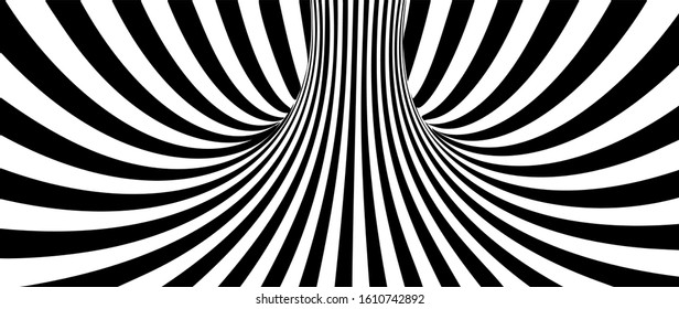 Abstract Lines Design. Black and White Tunnel. Monochrome Hypnotic Stripes. 3D Wavy Optical Illusion Vector Illustration.