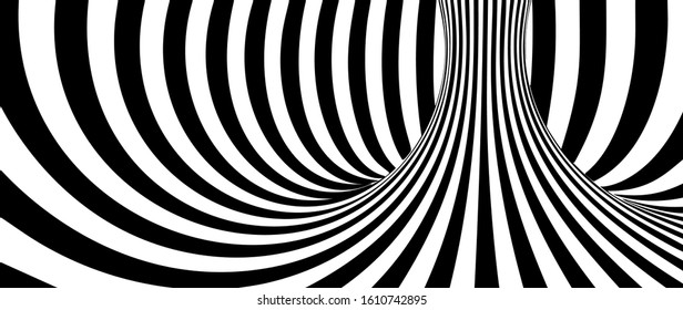 Abstract Lines Design. Black and White Tunnel. Monochrome Hypnotic Stripes. 3D Wavy Optical Illusion Vector Illustration.