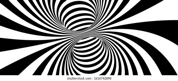Abstract Lines Design. Black and White Tunnel. Monochrome Hypnotic Stripes. 3D Wavy Optical Illusion Vector Illustration.