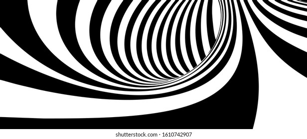 Abstract Lines Design. Black and White Tunnel. Monochrome Hypnotic Stripes. 3D Wavy Optical Illusion Vector Illustration.
