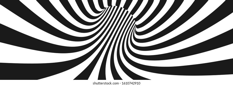 Abstract Lines Design. Black and White Tunnel. Monochrome Hypnotic Stripes. 3D Wavy Optical Illusion Vector Illustration.