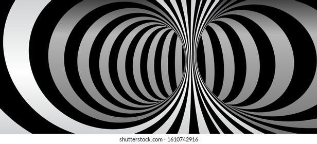 Abstract Lines Design. Black and White Tunnel. Monochrome Hypnotic Stripes. 3D Wavy Optical Illusion Vector Illustration.