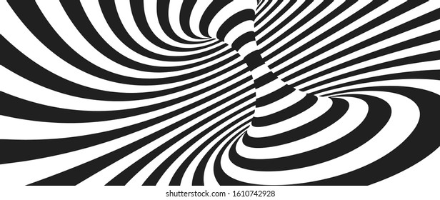 Abstract Lines Design. Black and White Tunnel. Monochrome Hypnotic Stripes. 3D Wavy Optical Illusion Vector Illustration.