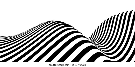 Abstract Lines Design. Black and White Tunnel. Monochrome Hypnotic Stripes. 3D Wavy Optical Illusion Vector Illustration.