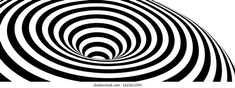 Abstract Lines Design. Black and White Hypnotic Twirl Striped Background. 3D Vortex Hole Optical Illusion. Vector Illustration.