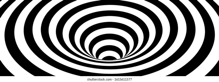 Abstract Lines Design. Black and White Hypnotic Twirl Striped Background. 3D Vortex Hole Optical Illusion. Vector Illustration.