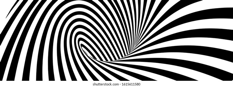 Abstract Lines Design. Black and White Hypnotic Twirl Striped Background. 3D Vortex Hole Optical Illusion. Vector Illustration.