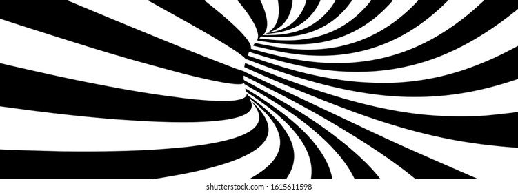 Abstract Lines Design. Black and White Hypnotic Twirl Striped Background. 3D Vortex Hole Optical Illusion. Vector Illustration.