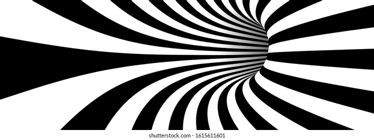 Abstract Lines Design. Black and White Hypnotic Twirl Striped Background. 3D Vortex Hole Optical Illusion. Vector Illustration.