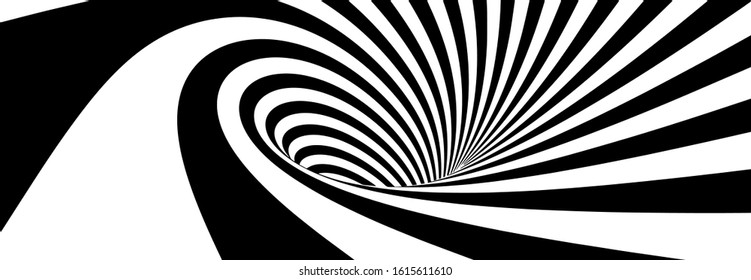 Abstract Lines Design. Black and White Hypnotic Twirl Striped Background. 3D Vortex Hole Optical Illusion. Vector Illustration.