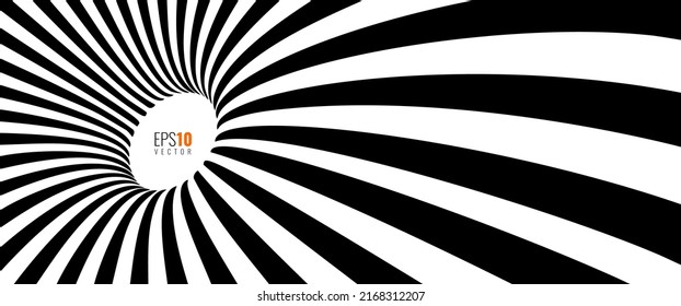 Abstract Lines Design. Black and White Hypnotic Twirl Striped Background. 3D Vortex Hole Optical Illusion. Vector Illustration.