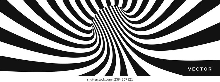 Diseño de líneas abstractas. Fondo rayado de torzal hipnótico blanco y negro. Ilusión Óptica De Agujero De Vórtex 3D. Ilustración vectorial.