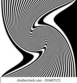 Abstract lines with distortion, deformation effect. Asymmetric monochrome pattern.