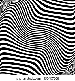 Abstract lines with distortion, deformation effect. Asymmetric monochrome pattern.