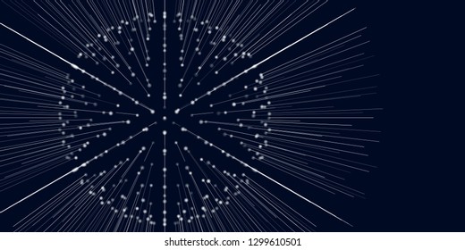 Abstract lines and dots  background. Motion of sphere rays. Galaxies blurred in lines and dots.