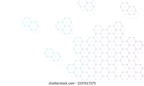 Abstract lines and dots connect background with hexagons. Hexagons connection digital data and big data concept. Hex digital data visualization. Vector illustration.