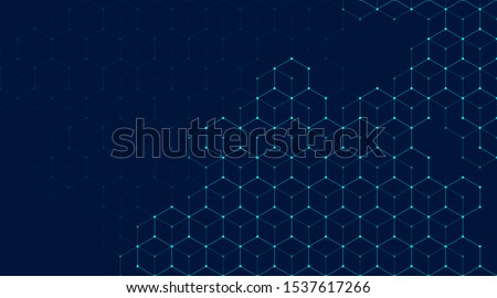Abstract lines and dots connect background with hexagons. Hexagons connection digital data and big data concept. Hex digital data visualization. Vector illustration.